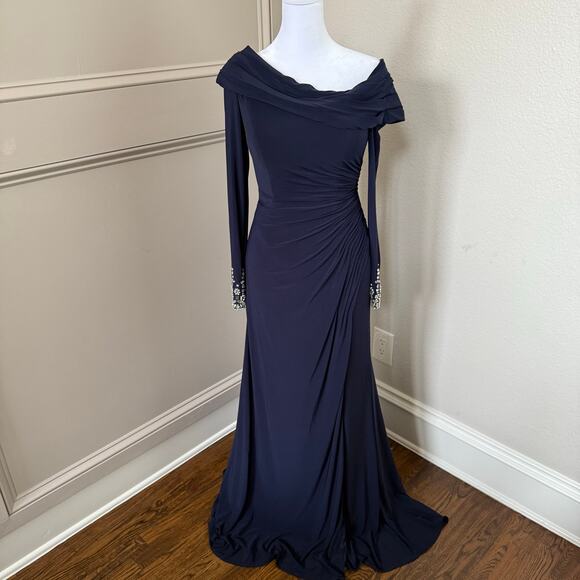 Mac Duggal Navy Beaded Cuff Drop Shoulder Faux Wrap Gown Size 4 $398 - Picture 2 of 11